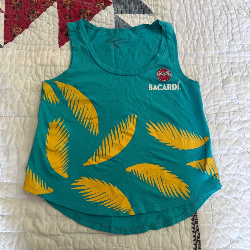 Bacardi Tank Top Teal Blue Yellow Palm Leaf Graphic Sleeveless Small